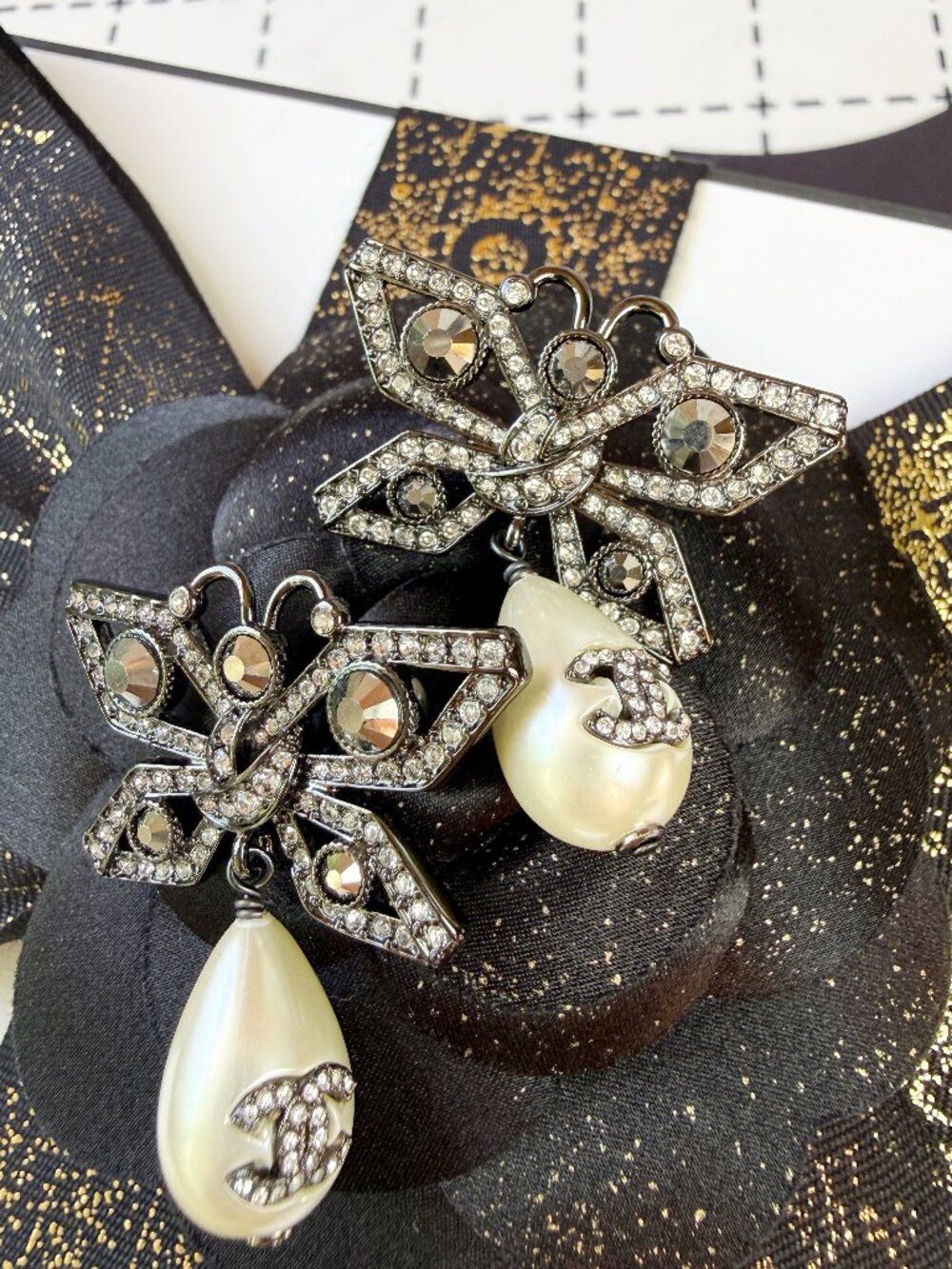 Chanel Crystal Butterfly CC Logo Pearl Drop Earrings Dark Ruthenium